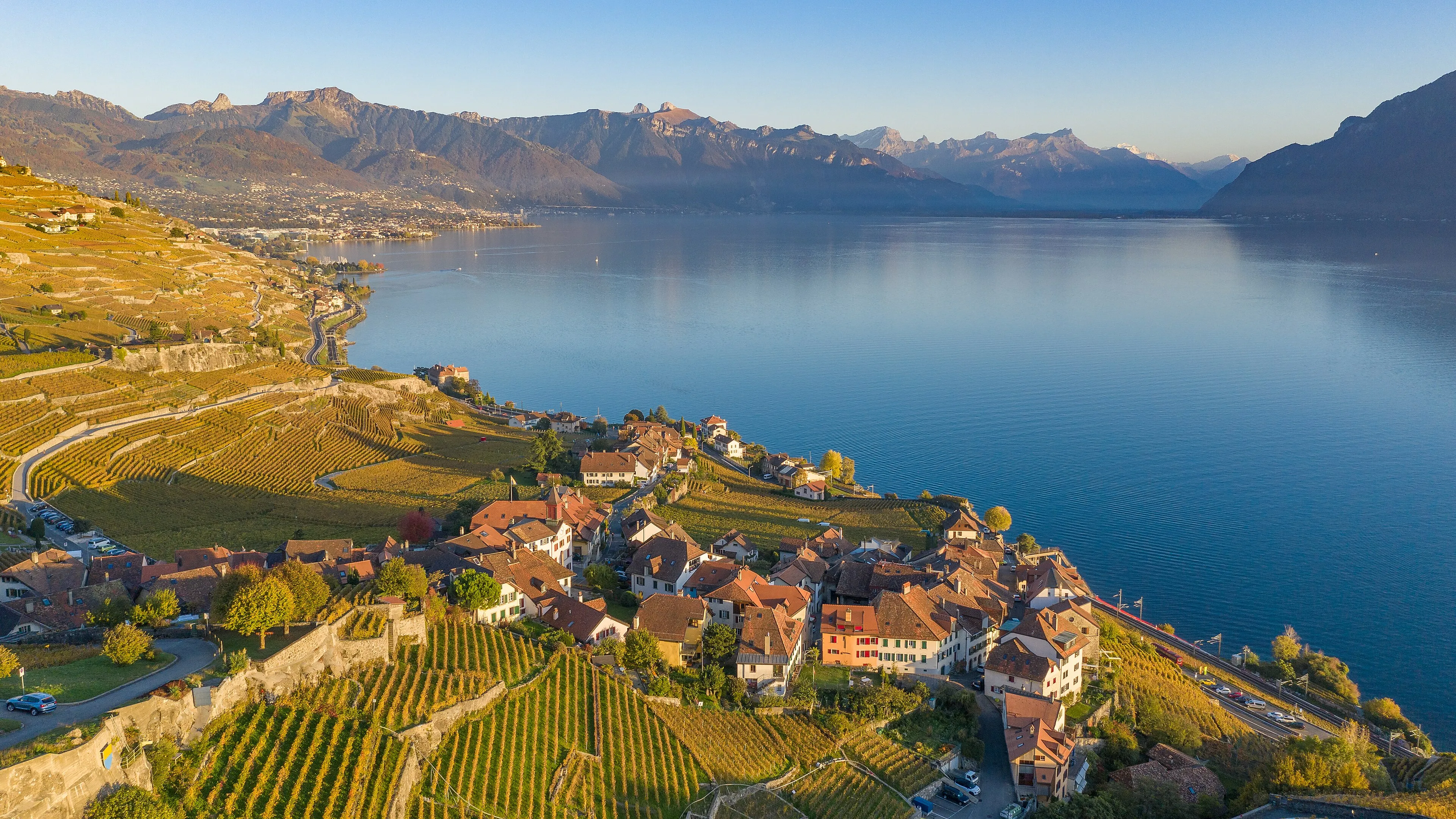 Vignobles en terrasses de Lavaux dominant le lac Léman au coucher du soleil, canton de Vaud.